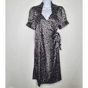 BCBGMAXAZRIA Womens Black Polka Dot Silky Faux Wrap Dress SIze L High Neck
